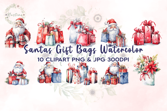 Download Santas Gift Bags Watercolor Clipart - Clipart Collection
