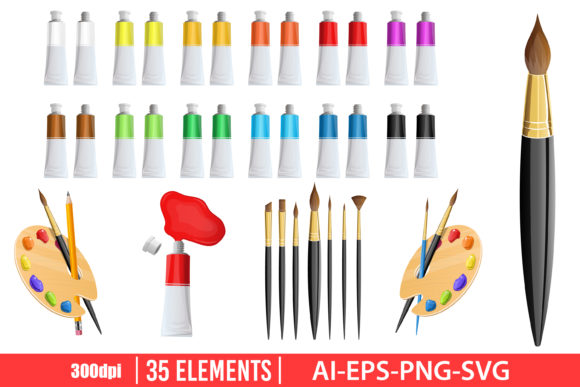 Download Artist Paint Brush and Tube Clipart Set - Clipart Collection