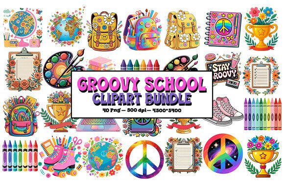 Download Retro Groovy School PNG Clipart Bundle - Clipart Collection
