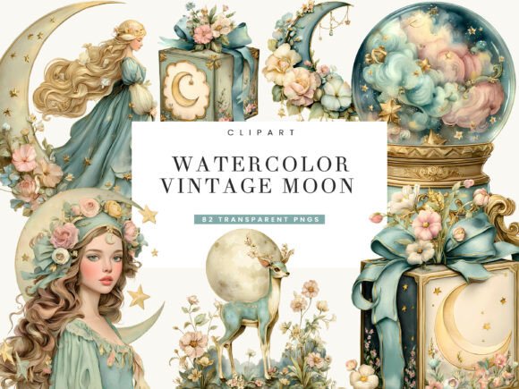 Download Watercolor Vintage Moon Clipart Bundle - Clipart Collection
